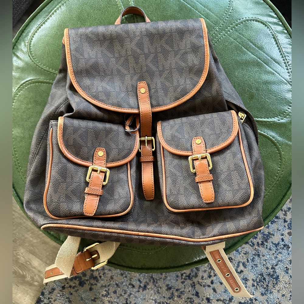 Michael Kors Brown Monogram Backpack with Leather Trim